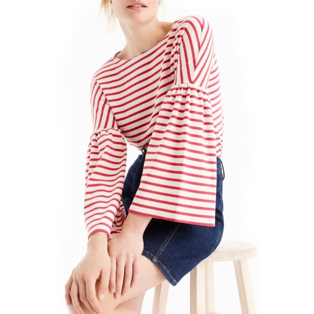 J. Crew Red and White Striped Bell-Sleeve Top